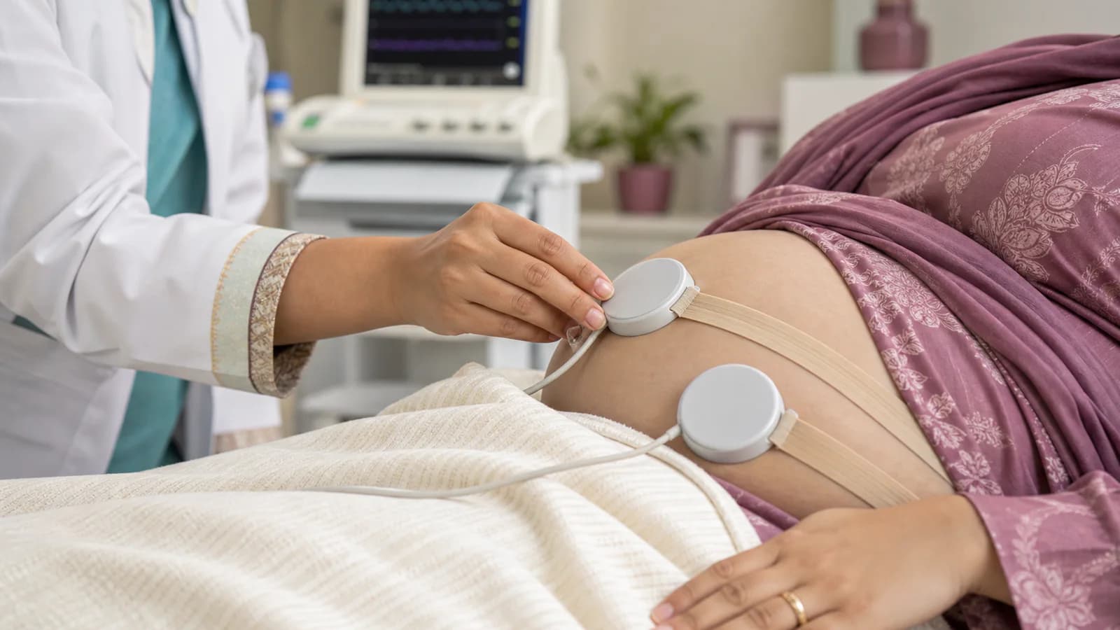 Illustrative twin-pregnancy monitoring during an antenatal appointment