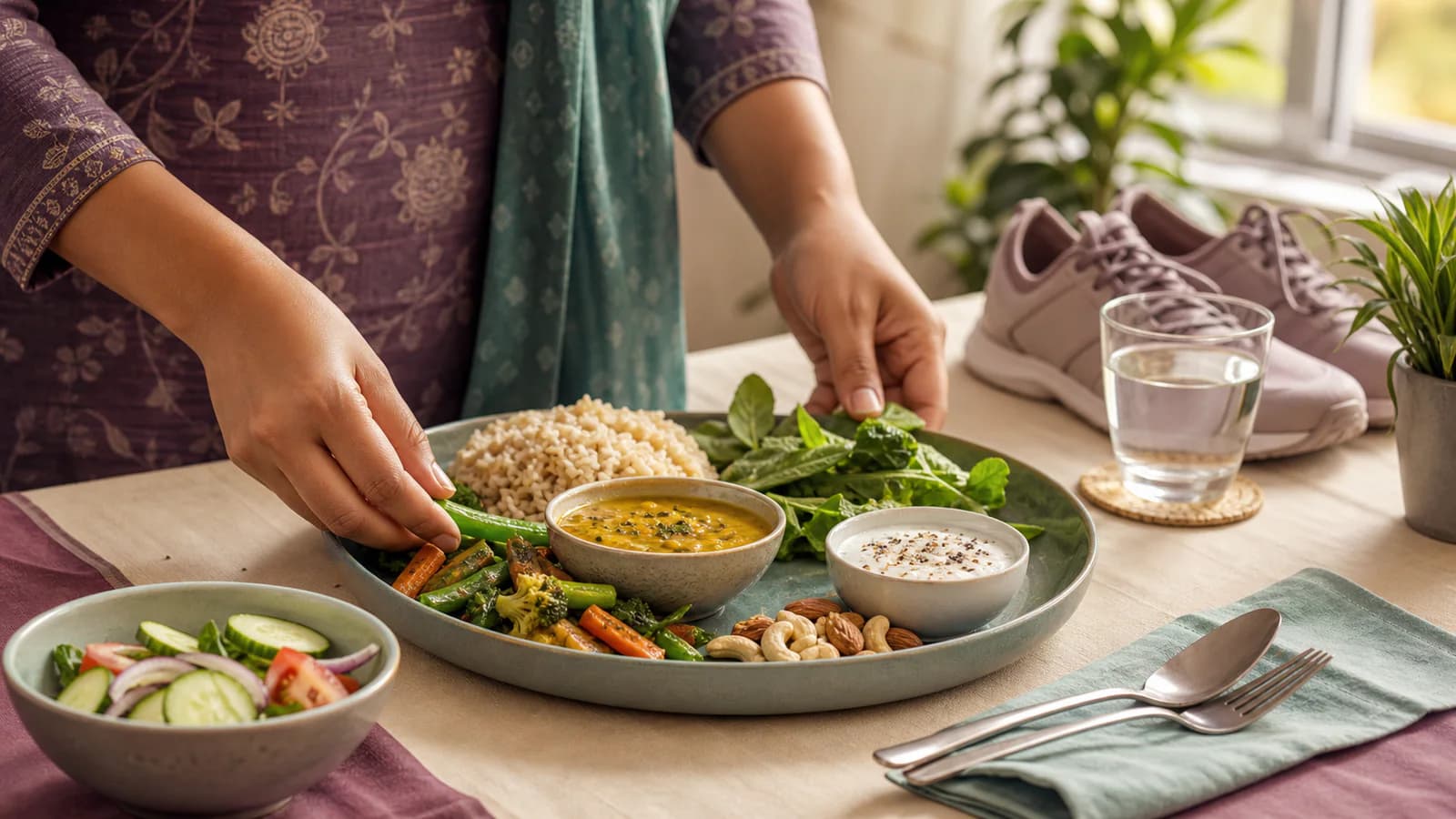 Illustrative PCOS lifestyle scene with a balanced Indian meal and walking shoes
