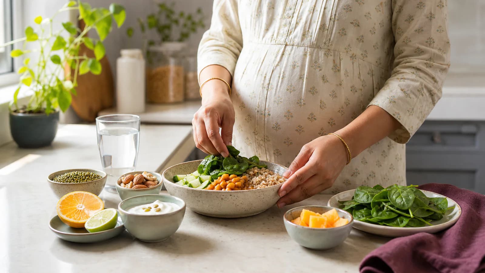 Illustrative pregnancy nutrition scene with a balanced Indian meal