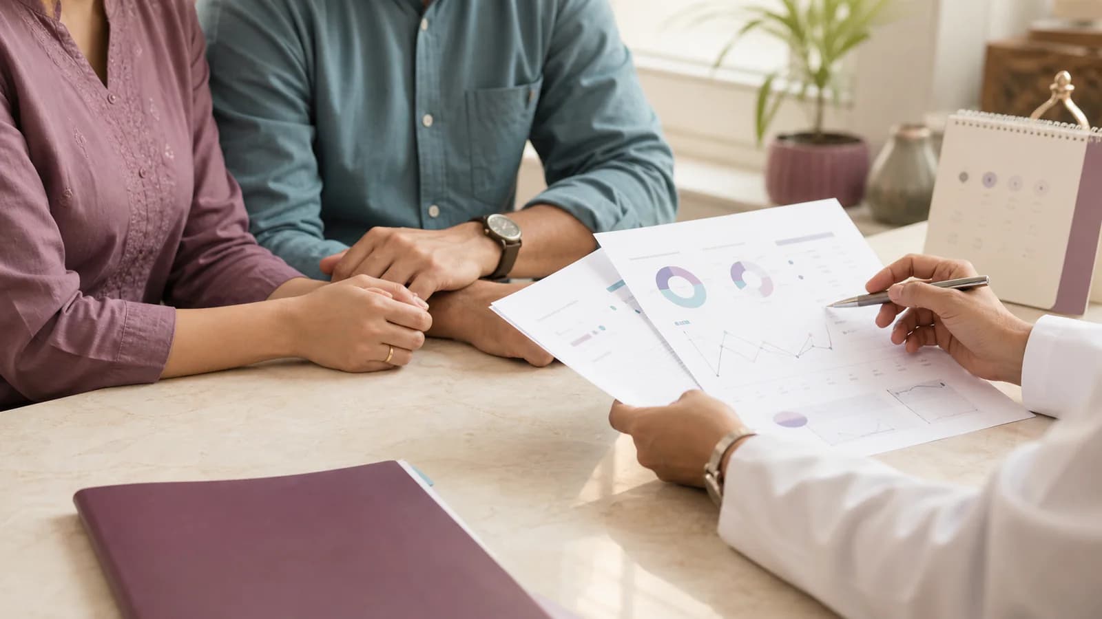 Illustrative fertility consultation reviewing test results with a couple