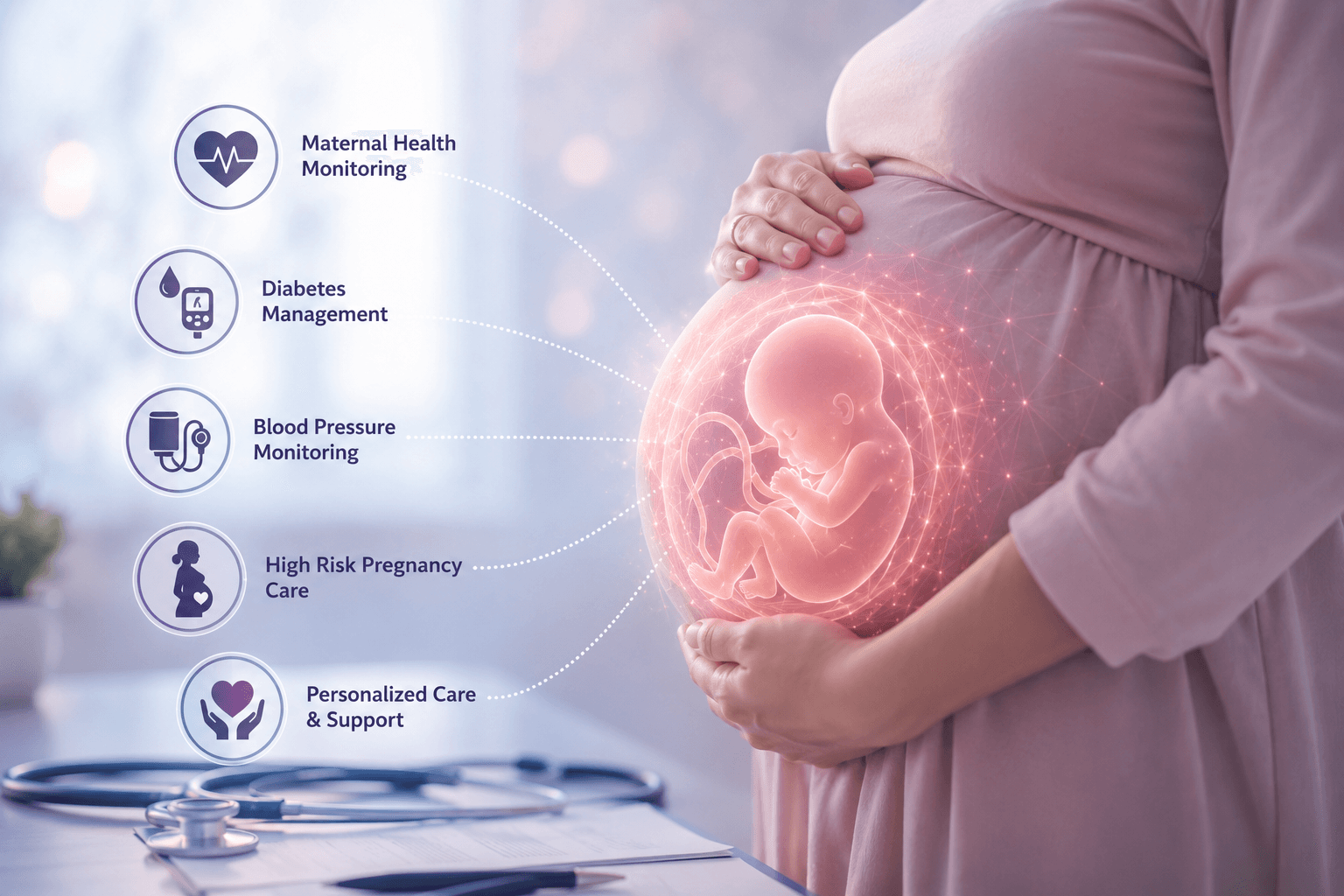 Illustration of maternal and fetal monitoring during a high-risk pregnancy