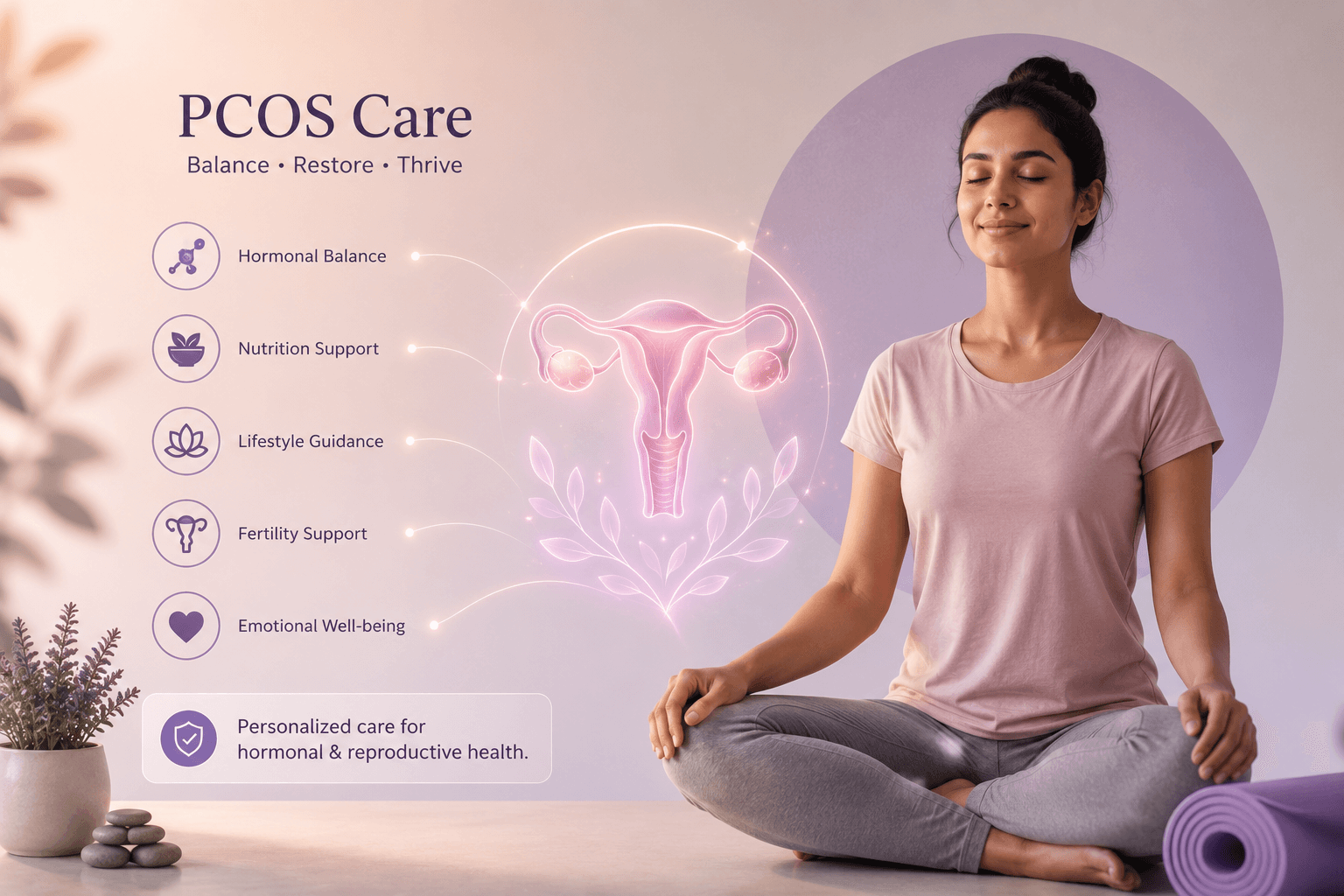 PCOS care illustration with hormonal, nutrition and lifestyle support